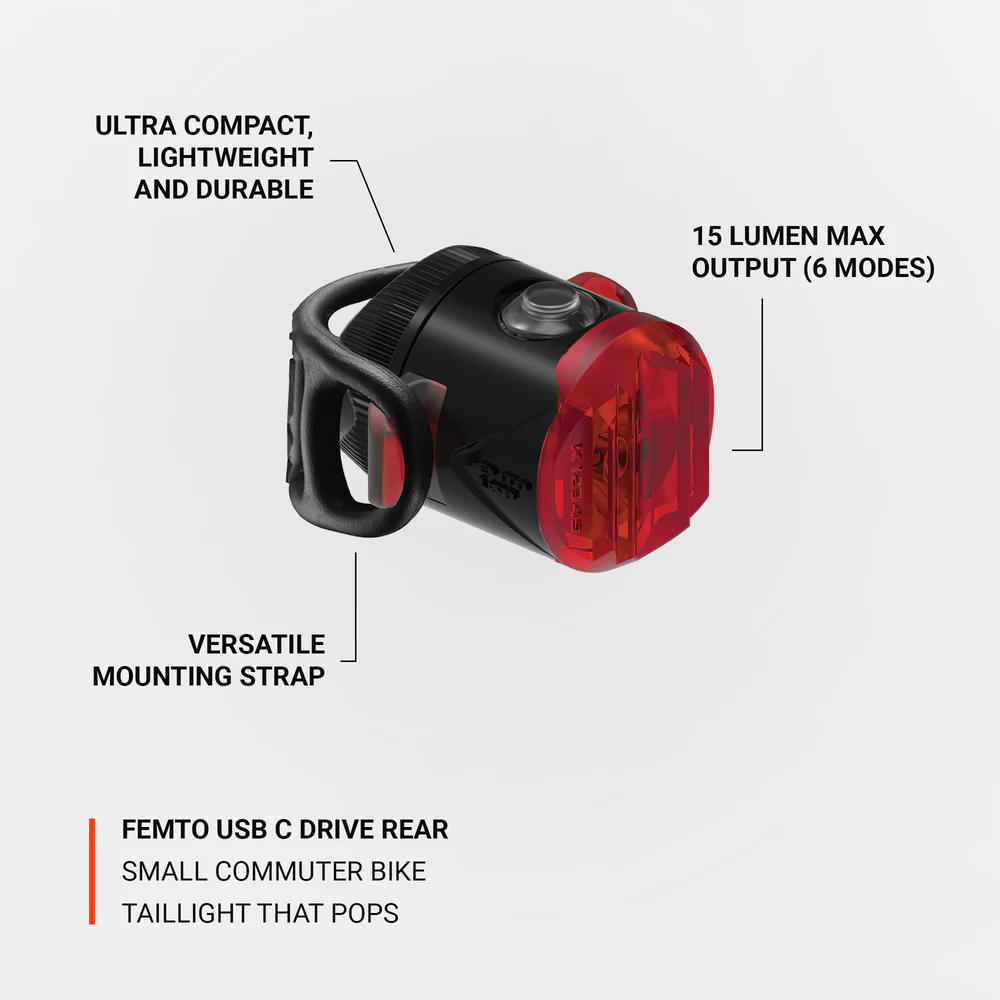 LEZYNE Femto USB C Rear Drive LED Bike Light Black